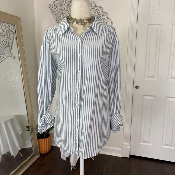 Ingrid Isabel Cotton Rayon Blend Blue White Preppy Striped Button Up Blouse  L - Picture 2 of 8